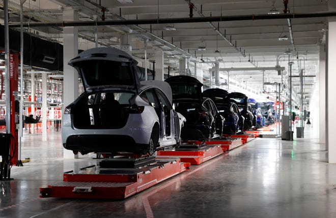 Tesla vehicles are displayed at the automaker's $1.1 billion Travis County manufacturing facility earlier this month.
