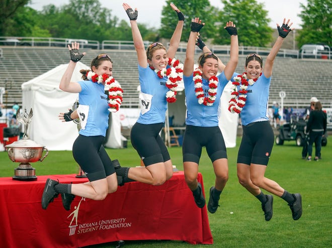 Delta Gamma celebrates with their trophy after winning the 33rd running of the Women’s Little 500 at Bill Armstrong Stadium in 2021.