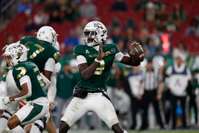 South Florida Bulls quarterback Timmy McClain shows agains Houston during the second half of an NCAA college football game Saturday, Nov. 6, 2021, in Tampa, Fla. (AP Photo/Scott Audette)
