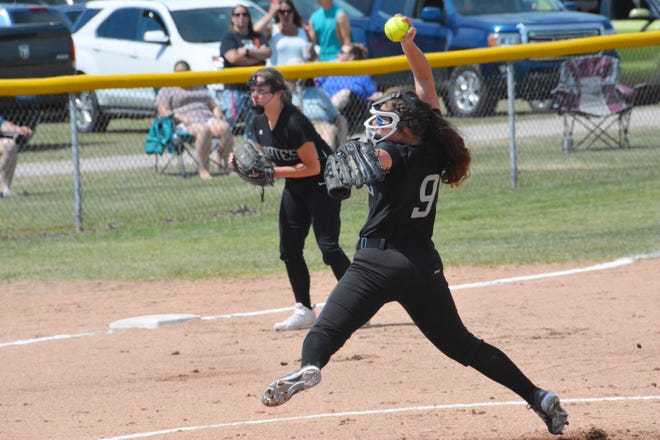 Finley Hudecek of Pickford deals a pitch during a district final against Rudyard last season. Pickford is scheduled to open the 2022 softball season at the Superior Dome in Marquette this weekend.