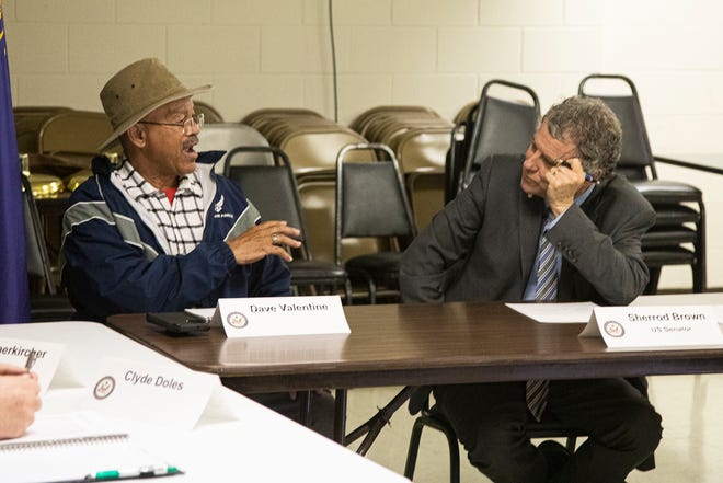 Ohio Senator Sherrod Brown talks with Dave Valentine and listens to stories from other Chillicothe veterans and community members as they discuss the impact the closing of the VA will have on their lives and their fellow servicemen on Friday, April 8, 2022, in Chillicothe, Ohio. 