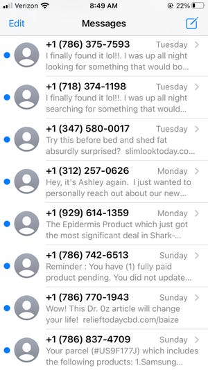A screenshot of a Wisconsin resident's phone shows several spam texts received over the course of three days in April 2022
