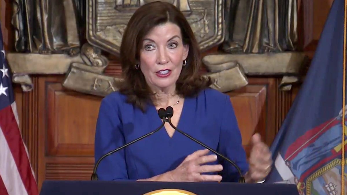 In this image taken from video, New York Gov. Kathy Hochul speaks about the state budget during a news conference, Thursday, April 7, 2022, in Albany, N.Y.