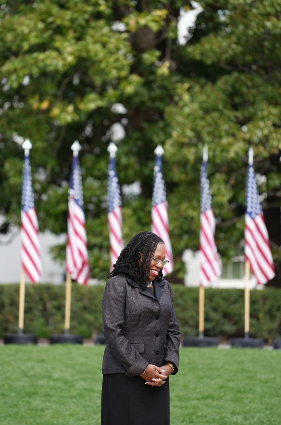Apr 8, 2022; Washington, DC, USA; Judge Ketanji Brown smiles during an event on the South Lawn of the White House to celebrate her confirmation as the first Black woman to reach the Supreme Court.. Mandatory Credit: Megan Smith-USA TODAY