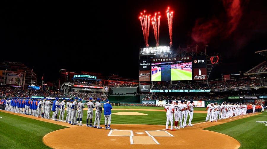 Fireworks at Nationals Park before the Opening Day game.