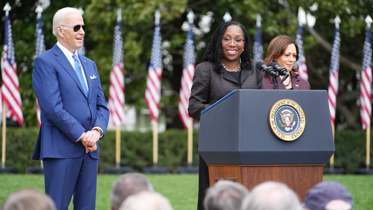 Apr 8, 2022; Washington, DC, USA; Judge Ketanji Brown Jackson speaks at an event on the South Lawn of the White House to celebrate her confirmation as the first Black woman to reach the Supreme Court. Mandatory Credit: Megan Smith-USA TODAY