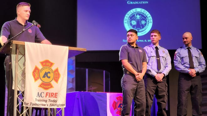 Renowned graduate Jace Dellis of the 50th Amarillo College Fire Academy addressed the crowd at Grace Church in Amarillo on Saturday.