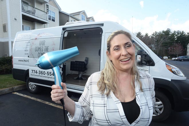 Alicia Pilalas, of Pembroke, is owner of Hair Comes the Comb mobile salon, seen here on Saturday, April 9, 2022.