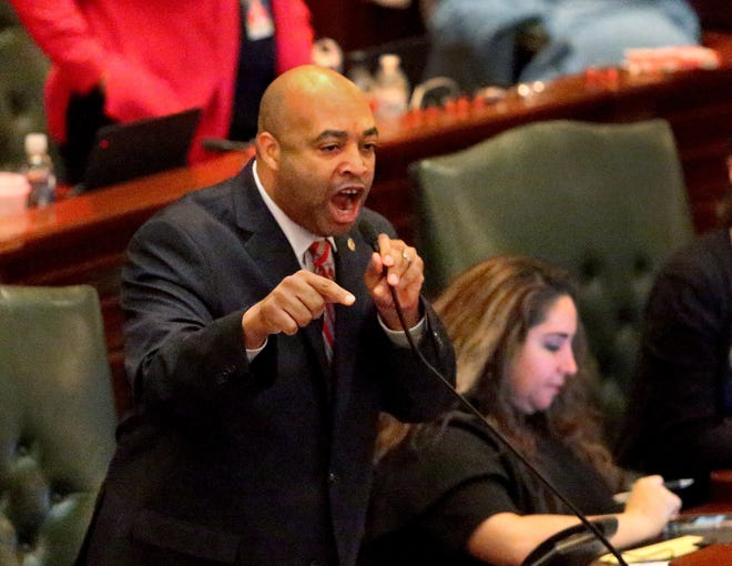 Rep. Justin Slaughter, D-Chicago, gets upset over the Republican response to a follow-up bill to the Safe-T Act on Saturday April 9, 2022.[Thomas J. Turney/The State Journal-Register]