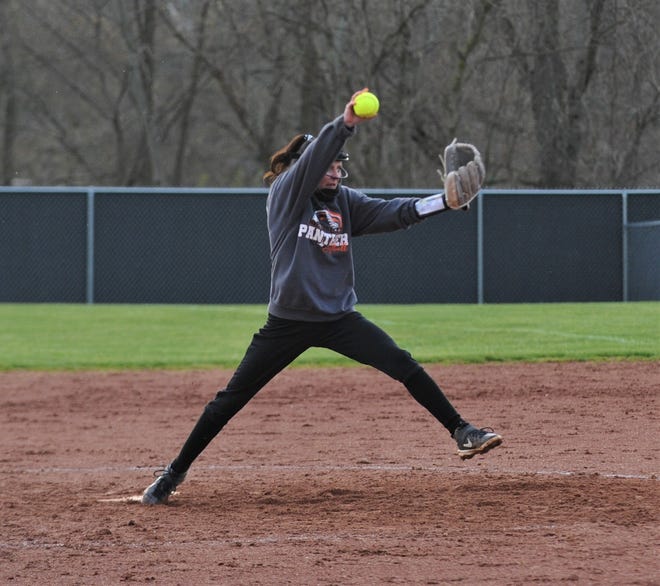 New Lexington's Lydia Stephens gets ready to deliver a pitch in Friday's game at Coshocton. The Panthers won 11-2.