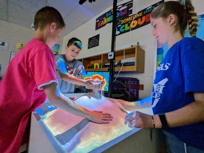 Fifth-graders Kaeson Kruger, Logan Keen and Rylin Kirkwood pile up sand to create the Kansas-version of Mount Everest on Monday at Silver Lake Elementary School.