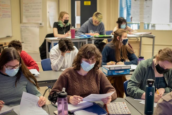 Students in an AP English Literature + Composition class at Nevada Union High School in Grass Valley on March 1, 2022. Statewide, California public school enrollment is declining.