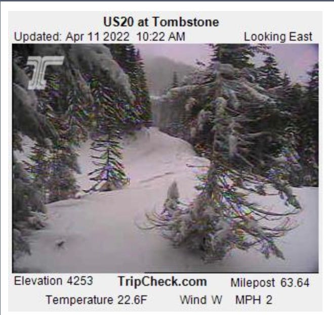 Tombstone Pass on Highway 20 was snow covered on Monday morning.