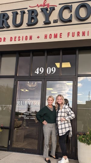 Ruby Sindt, left, owner and operator of Ruby & Co. Interior Designs and Home Furnishings, employs Orion High School senior Addison Awbrey, right, through the cooperative program at her Davenport business. Awbrey helps price items for the showroom, sets out new décor and chooses furniture for clients. “The best part of the job is getting to decorate the show room and create fun spaces,” she said. After high school, she would like to major in interior design and minor in business at either University of Northern Iowa or Belmont University. She would like to open her own interior design business in Nashville, Tenn