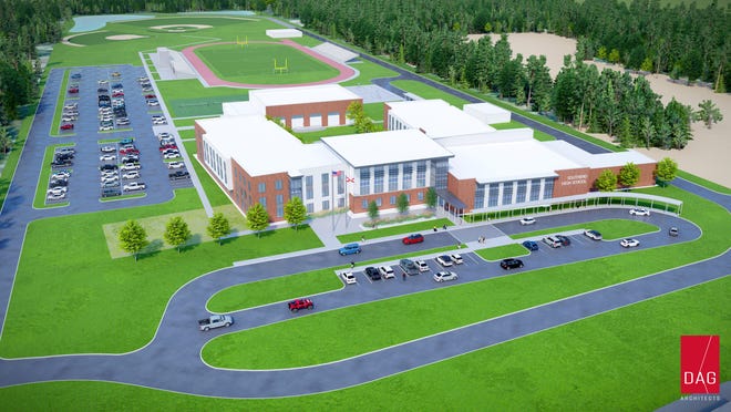 A rendering shows the planned high school in Santa Rosa County's Midway area. The school district is slated to budget $19.75 million next year for the new school.