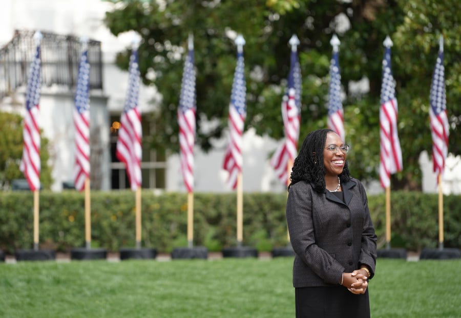 Apr 8, 2022; Washington, DC, USA; Judge Ketanji Brown Jackson after delivering remarks on the Senate's confirmation of Judge Jackson to be an Associate Justice of the Supreme Court on the South Lawn of The White House. Mandatory Credit: Megan Smith-USA TODAY ORG XMIT: USAT-486771 ORIG FILE ID:  20220408_ajw_kx3_112.JPG