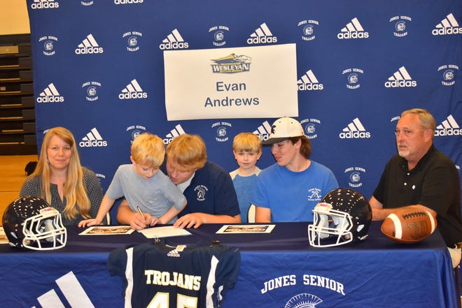 Jones Senior football player Evan Andrews announced his plans to attend North Carolina Wesleyan to play football.