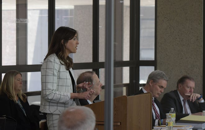 BOSTON - Meredith Fierro, a lawyer for Worcester District Attorney Joseph D. Early Jr., makes her opening statement in the ethics case against him Wednesday, April 13, 2022.