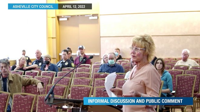 Sharon Sumrall speaks at Asheville City Council public comment on April 12, 2022.