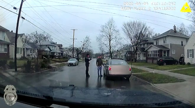 A screen capture from a video released from the Grand Rapids Police Department on April 13, 2022, shows the initial traffic stop involving Patrick Lyoya in Grand Rapids on April 4, 2022, that resulted in a shooting that fatally wounded Lyoya.