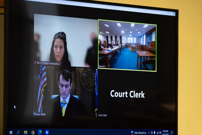 Taylor Schabusiness of Green Bay appears on Zoom with Brown County Circuit Judge Thomas Walsh on April 13, at the Brown County Courthouse in Green Bay. She is being held in lieu of $2 million bail, charged with first-degree intentional homicide in the February killing and decapitation of a male friend.