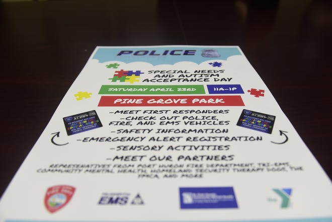 Flyer for the Autism Acceptance Day at the Port Huron Police Department on Wednesday, April 6, 2022. The Port Huron Police Department will host the event at Pine Grove Park in Port Huron from 11 a.m. to 1 p.m. on Saturday, April 23. The Port Huron Fire Department, Tri-Hospital EMS, Blue Water YMCA, St. Clair County Community Mental Health and more will be there to interact with residents and hand out information.