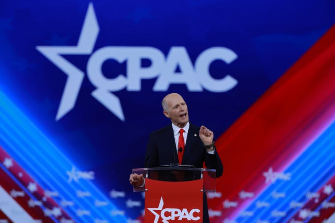 Sen. Rick Scott (R-FL) speaks during the Conservative Political Action Conference (CPAC) at The Rosen Shingle Creek on Saturday, Feb. 26, 2022, in Orlando, Florida.  (Joe Raedle/Getty Images/TNS)