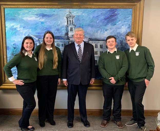 Pictured are Anderson County 4-H members Raelyn Leach, from left, Clara Tomlinson, Bristol Brown and Wesley Chandler with Lt. Governor Randy McNally. These delegates attended the 75th Tennessee 4-H Congress. During this citizenship experience, delegates learned about state government as they attended workshops, participated in the election process, debated mock legislature and had the opportunity to meet with state legislators. Their trip was sponsored by Anderson County Farm Bureau and Anderson County FCE Council.