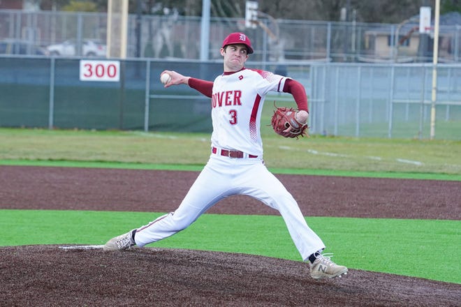 Dover's Ayden Hall gets set to fire a pitch.