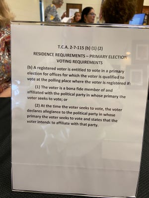 The Tennessee code governing who can vote in primary elections is posted on the table to sign in at the Madison County Election Commission on Wednesday, April 13, 2022.