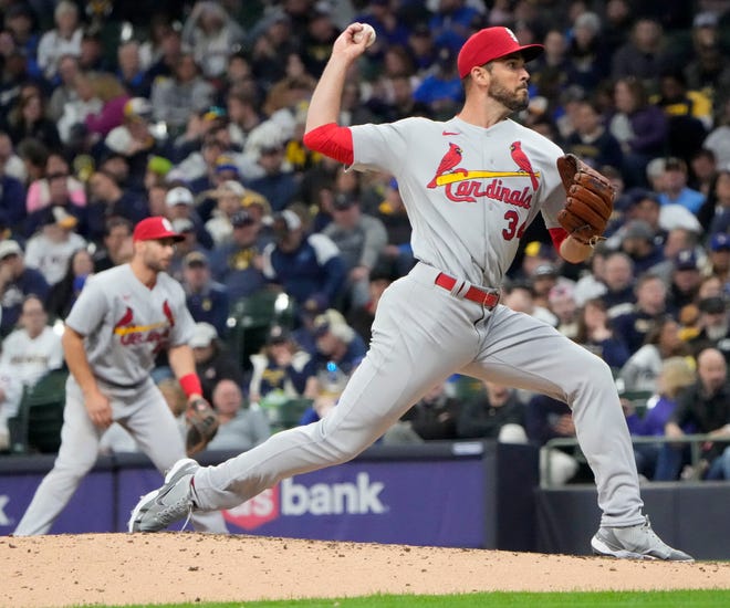 St. Louis Cardinals pitcher Drew VerHagen (34) throws during the fifth inning of their game against the Milwaukee Brewers Thursday, April 14, 2022 at American Family Field in Milwaukee, Wis.