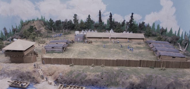 Fort Pierce as shown in a diorama displayed in the St. Lucie County Regional History Center.  Notice the blockhouse at left; soldiers later added the stockade fence and other structures.  The Army occupied the site from 1838 to 1842.