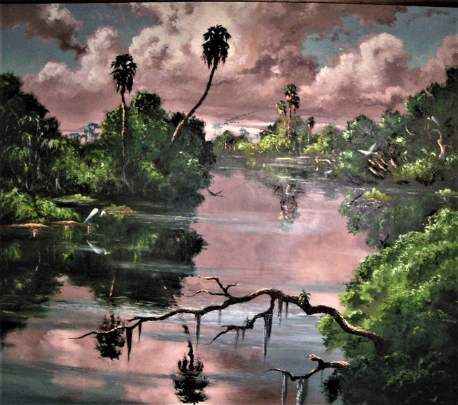 This is natural Florida as soldiers probably saw it when they arrived to build Fort Pierce. This wilderness scene is depicted in an oil painting by famed "Highwayman" artist Harold Newton. It is on display in the St. Lucie County Regional History Center and measures 75-inches by 74-inches -- the largest of his paintings known to exist.