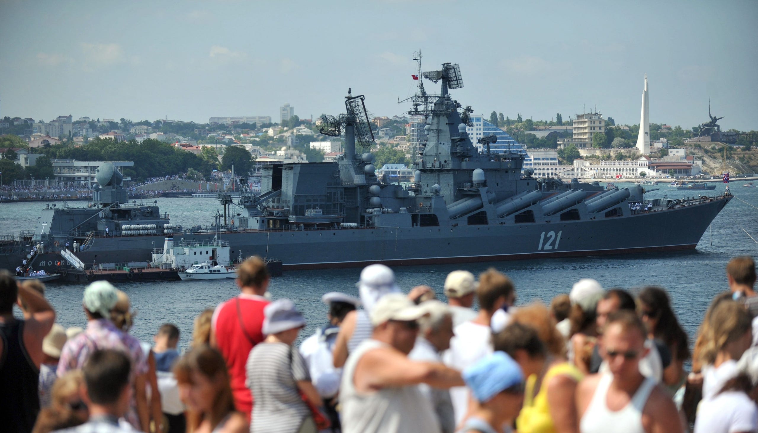 This file photo taken on July 31, 2011 shows the Moskva guided missile cruiser participating in a Russian military Navy Day parade near a navy base in Sevastopol.