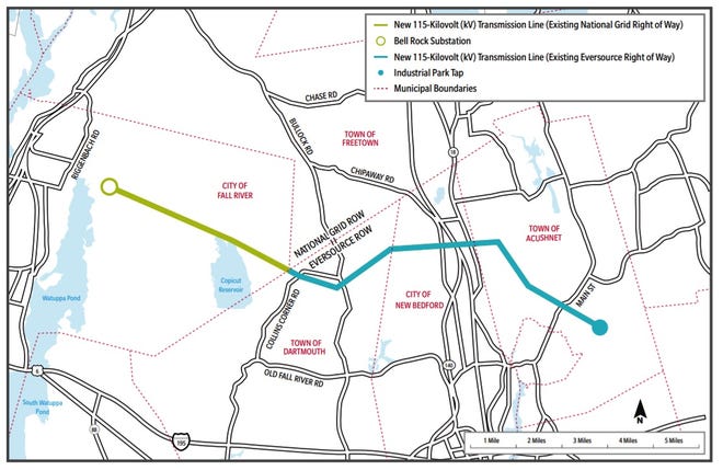 Eversource’s portion of the proposed 115,000-volt transmission line will extend approximately 7.9 miles, passing through Acushnet, Dartmouth, and New Bedford, according to the proposal. National Grid’s portion would then continue for approximately 4.2 miles in Fall River.