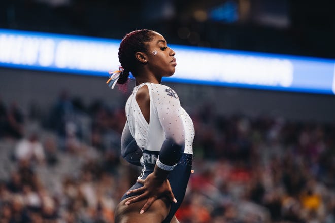 Auburn gymnastics senior Derrian Gobourne competes in the floor routine portion of the NCAA Championships.