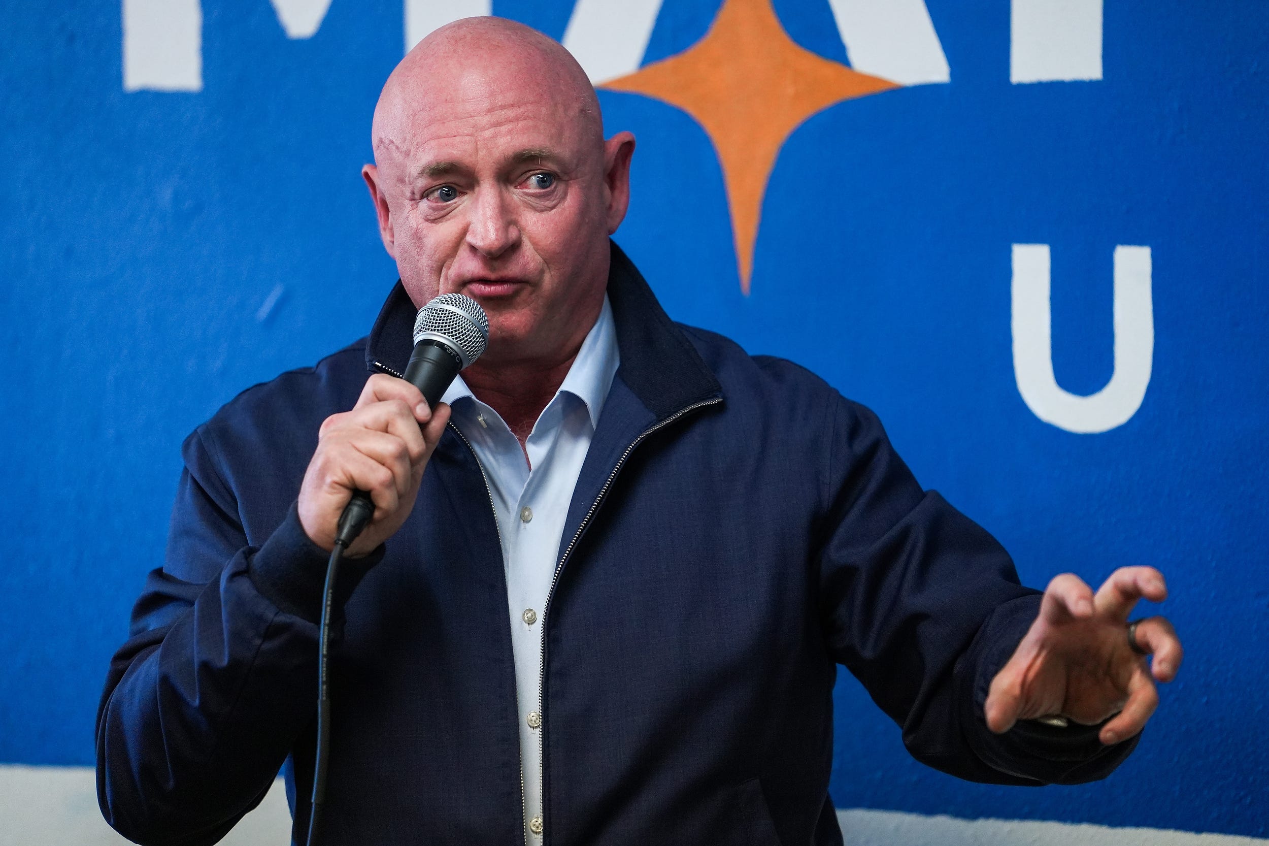 Sen. Mark Kelly speaks during an opening event for the first Mission for Arizona Coordinated Campaign office in Mesa on Thursday, April 14, 2022.