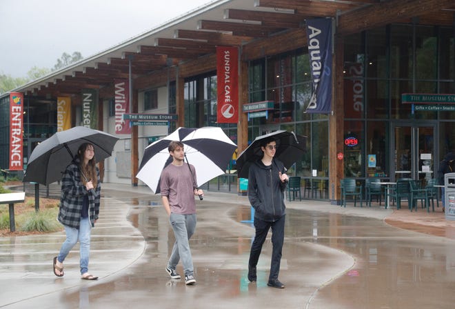 Jaydie Brabec, from left, Cadon Evans and Mavryk Early, all of Redding, take a rainy day stroll in front of the Sundial Café and Turtle Bay Museum on Thursday, April 14, 2022. The Mosaic Restaurant near the Redding Sheraton Hotel in Redding plans to convert the Sundial Café’s covered patio into a full-service bistro.