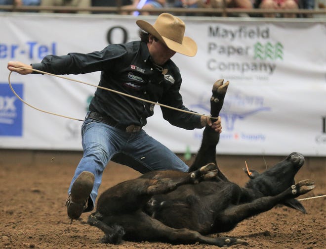 San Angeloan Ty Harris gave local fans a lot to cheer about with his performance in tie-down roping at the San Angelo Stock Show & Rodeo at Foster Communications Coliseum on Thursday, April 14, 2022.