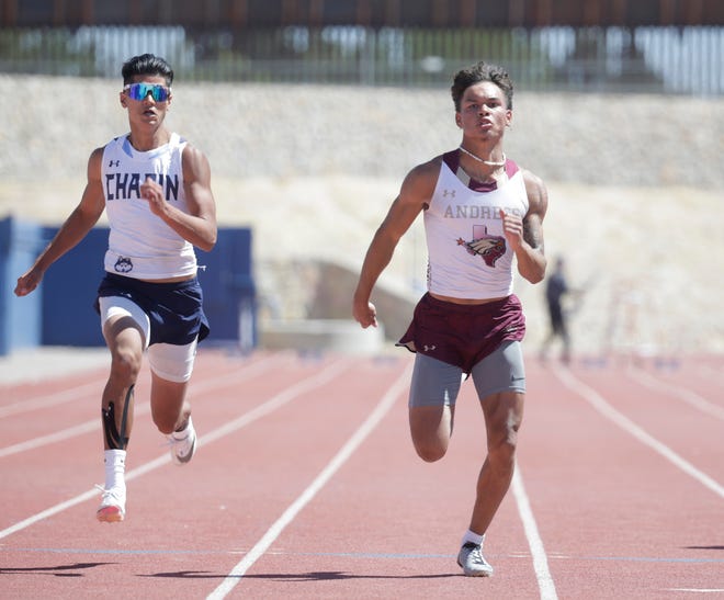 At left, Chapin High School's Mathew Polk, tracks at Jeremiah Cooper of Andress High School at Bowie High School on April 14, 2022.