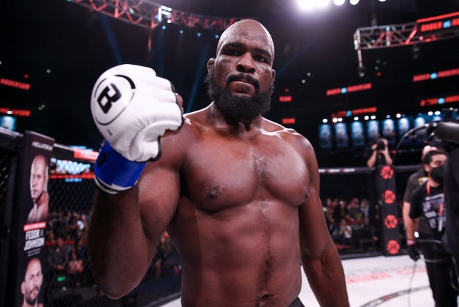 Former Hononegah wrestler Corey Anderson, shown here after one of his recent Bellator bouts, was denied the Bellator light heavyweight title on Friday, April 15, 2022, when a head butt forced a "no contest" decision.