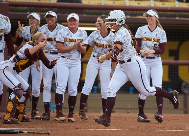 Arizona State junior infielder Alynah Torres (40) runs home after hitting a homer against Utah at Farrington Stadium.