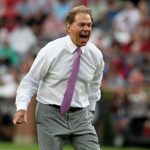 Alabama head coach Nick Saban yells at defensive p