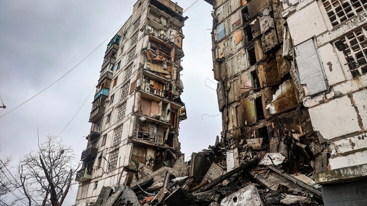 A building damaged during fighting is seen in Mariupol, Ukraine, on April 13, 2022.