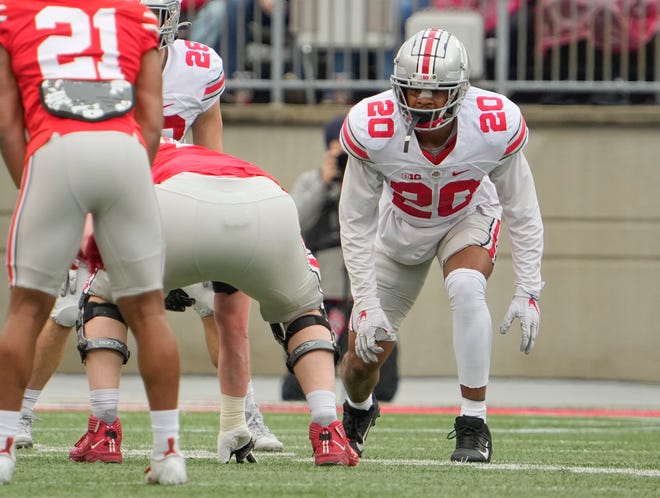 Ohio State Buckeyes linebacker Mitchell Melton (20) lines up during the spring football game at Ohio Stadium in Columbus on April 16, 2022.