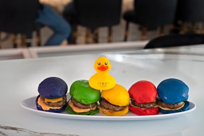 Rainbow Sliders make a colorful display at Sugar Factory during opening weekend Saturday, April 16, 2022 in downtown Indianapolis.