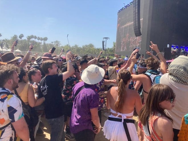A rowdy mosh pit formed around singer and drummer Nick Rattigan as Surf Curse performed "Disco" on April 17, 2022 at the Coachella Music and Arts Festival.