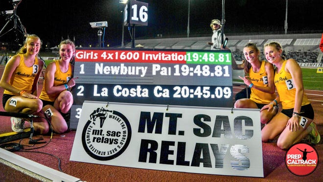 Newbury Park High won the girls invitational 4x1,600-meter relay at the Mount San Antonio College Relays with a national high school record time.