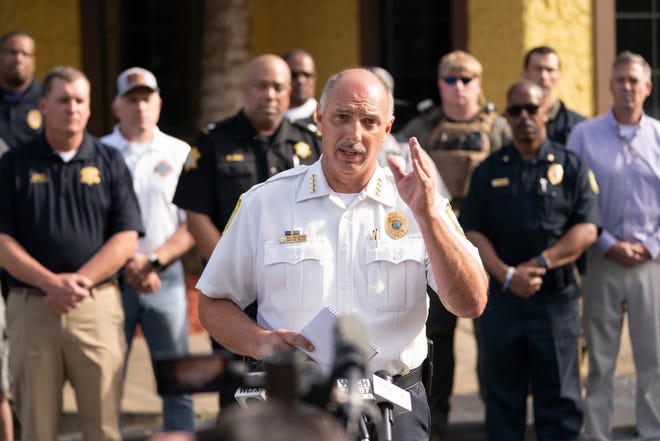 Sheriff of Columbia WH "Leap" Holbrook speaks to members of the media near the Columbiana Center shopping mall in Columbia, SC, following a shooting on April 16, 2022.