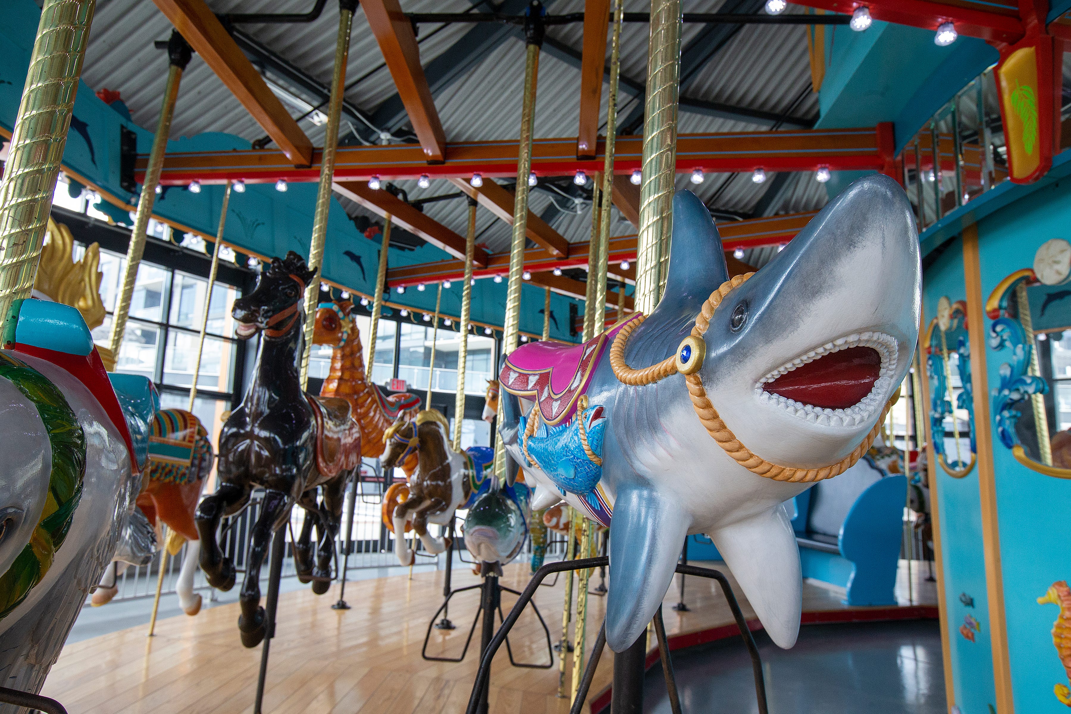 Sea creatures join traditional horses at the carousel at Pier Village in Long Branch.